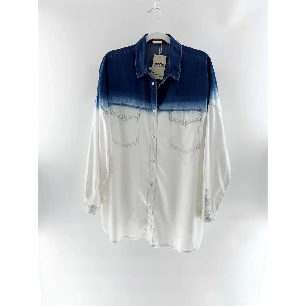 Marina Rinaldi Ombre Tie Dye Long Sleeve Snap Button Shirt Blue White Womens 16